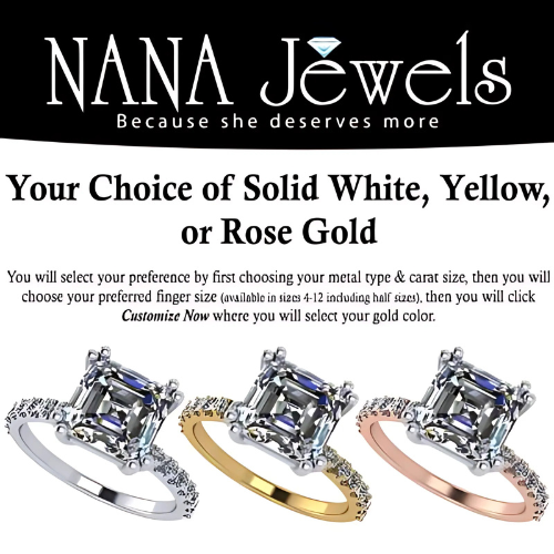 NANA Jewels 1.50ct-3.00ct Asscher Cut Solitaire Zirconia Engagement Ring W/Sides in Sterling Silver, 10K or 14K Gold