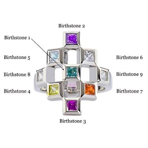 Close-up of mother's ring with a unique design.