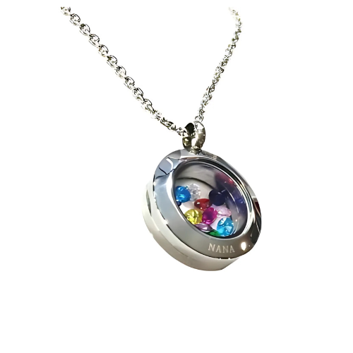 Close-up of a stainless steel locket pendant.