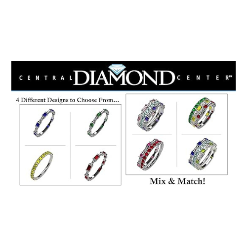 Central Diamond Center Sterling Silver Stackable Birthstone Ring Band w/Princess Cut Simulated Birthstones, Gold Plated