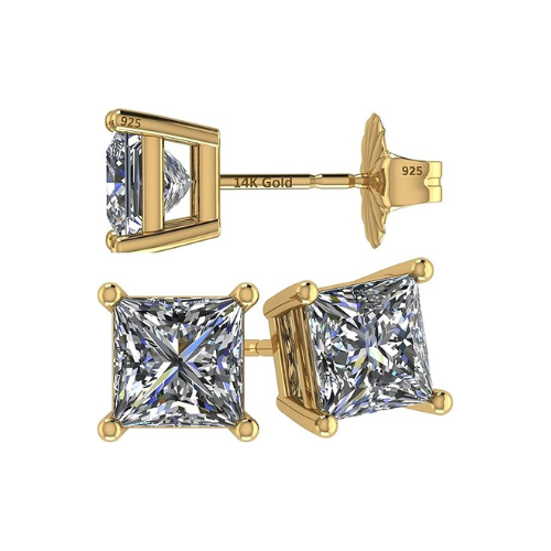 14K Gold Posts & Sterling Silver Princess Cut CZ Stud Earrings w/Pure Brilliance Zirconia, 1.50-4.00ctw