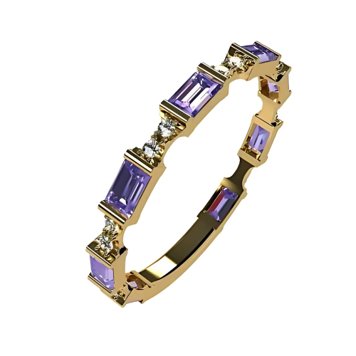 Close-up of a sterling silver birthstone band.