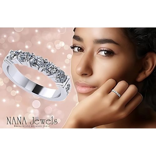 14K gold shared prong wedding band.