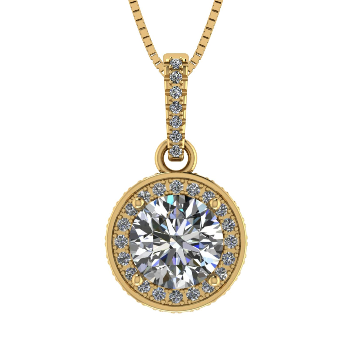 Round Simulated Diamond Solitaire Necklace/Pendant- Double Halo from 1 to 3 carat center- Sterling Silver