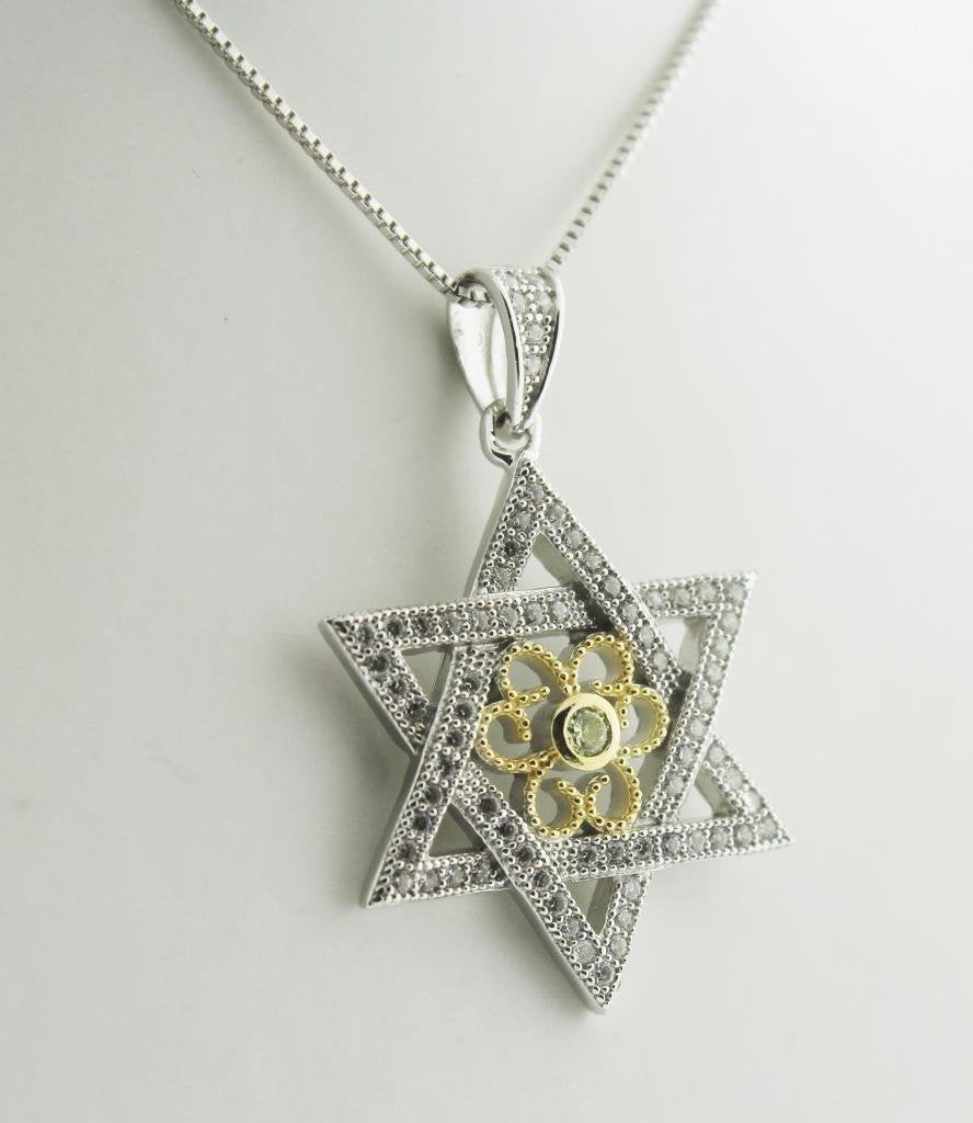 Central Diamond Center Star of David Pendant Sterling Silver and Pure Brilliance CZ w/Box Chain