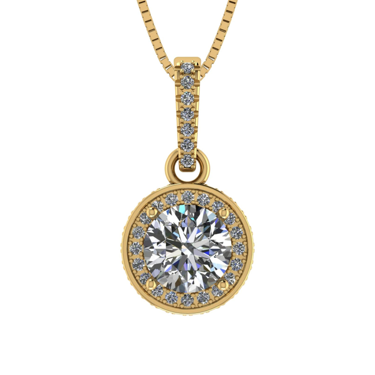 Round Simulated Diamond Solitaire Necklace/Pendant- Double Halo from 1 to 3 carat center- Sterling Silver