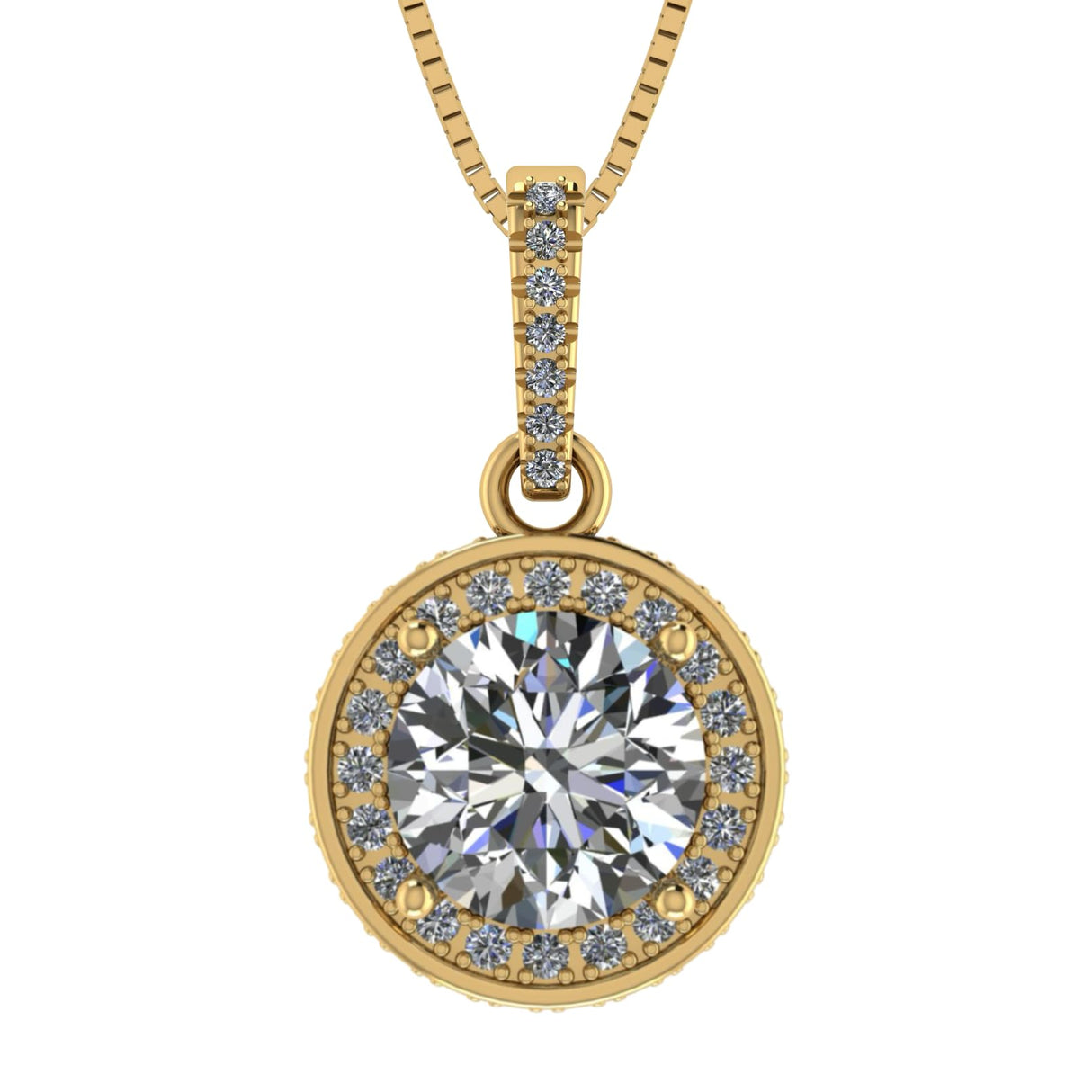 Round Simulated Diamond Solitaire Necklace/Pendant- Double Halo from 1 to 3 carat center- Sterling Silver