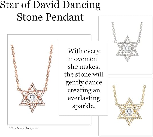 Central Diamond Center Star of David Dancing Gemstone Necklace for Women, Sterling Silver w/Pure Brilliance CZ, Chain Attached