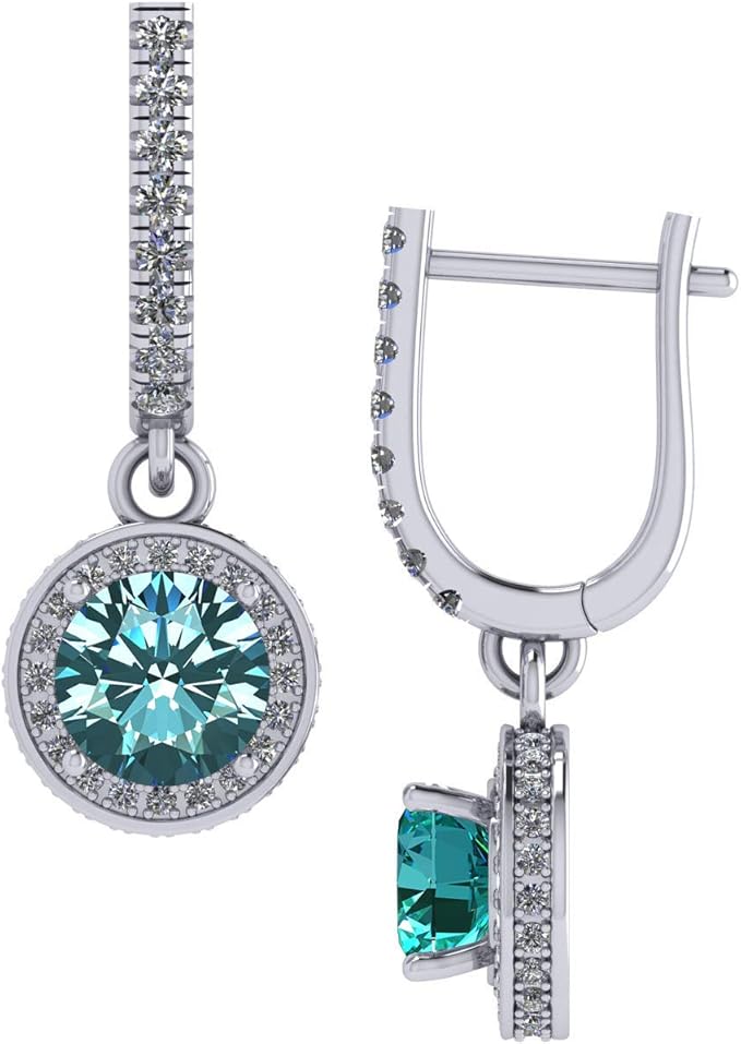 Simulated gemstone halo dangle earrings close-up.