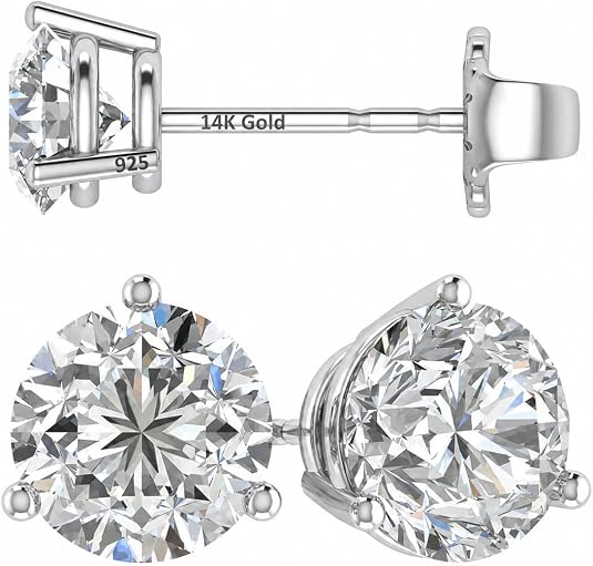 14K Gold Post & Sterling Silver Pure Brilliance Zirconia 3 Prong Martini Style Stud Earrings 1.0ct to 4ct