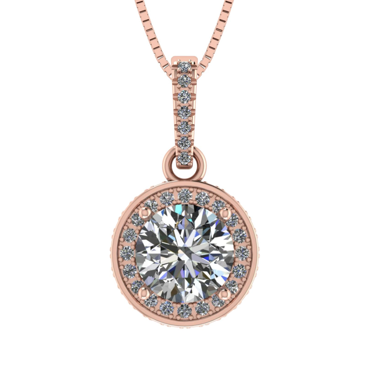 Round Simulated Diamond Solitaire Necklace/Pendant- Double Halo from 1 to 3 carat center- Sterling Silver
