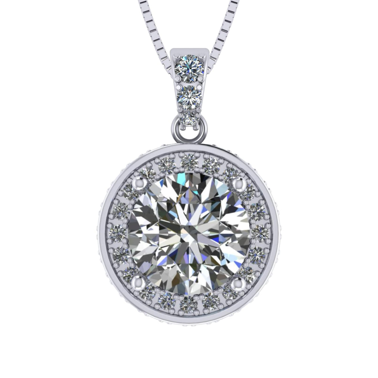Round Simulated Diamond Solitaire Necklace/Pendant- Double Halo from 1 to 3 carat center- Sterling Silver
