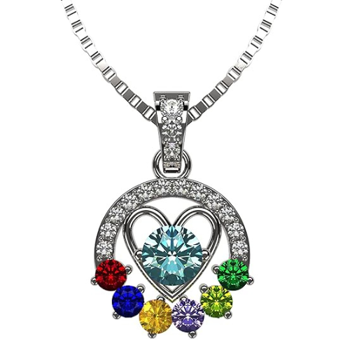 Heart in Circle Mothers Necklace with 3 birthstones.