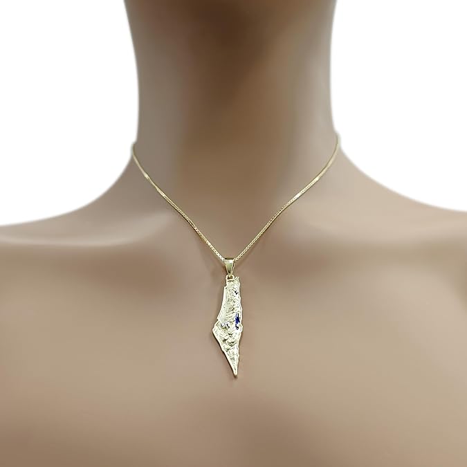 Central Diamond Center Israel Map Necklace/Pendant-Sterling Silver Am Israel Chai on Back Side-3D Map of Israel Large & Small