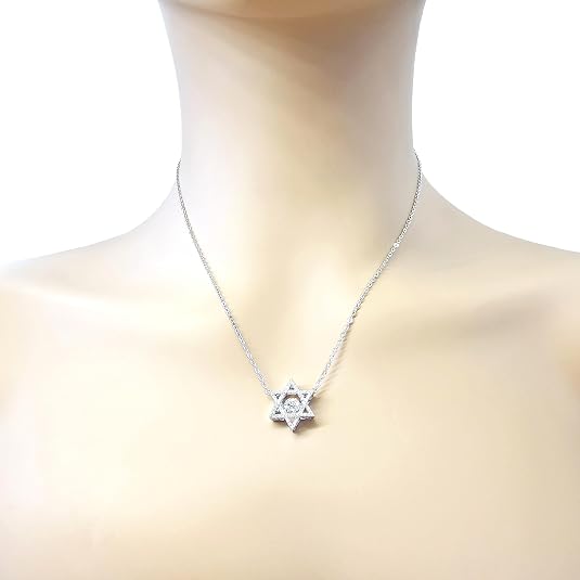 Central Diamond Center Star of David Dancing Gemstone Necklace for Women, Sterling Silver w/Pure Brilliance CZ, Chain Attached