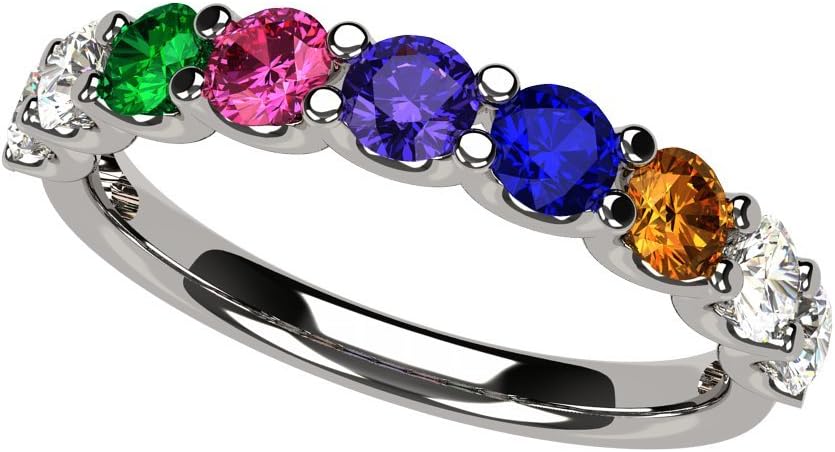 Central Diamond Center U'r Family Ring w/ 1 to 9 Simulated Birthstones in Sterling Silver, 10k, 14K Gold, Mothers Rings