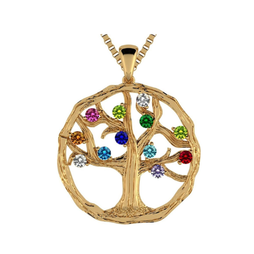 Central Diamond Center Tree of Life Mothers Birthstone Necklace in Silver-10K or 14K Gold. Up to 12stones