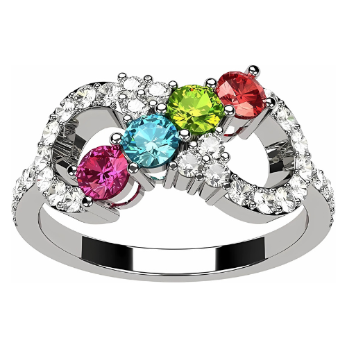 Central Diamond Center Infinity Mothers Ring with 3 simulated birthstones.