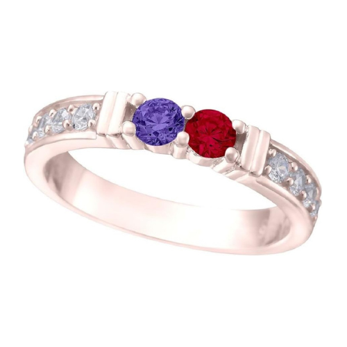 Central Diamond Center Shared Prong w/ Sides Couple 2 Stone Ring w/ Simulated Birthstones in Silver, 10K or 14k Gold
