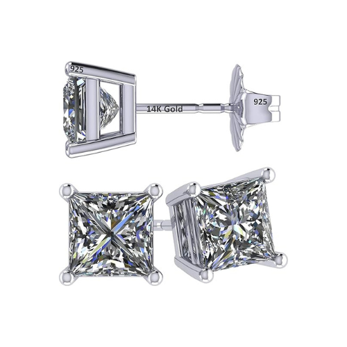 14K Gold Posts & Sterling Silver Princess Cut CZ Stud Earrings w/Pure Brilliance Zirconia, 1.50-4.00ctw
