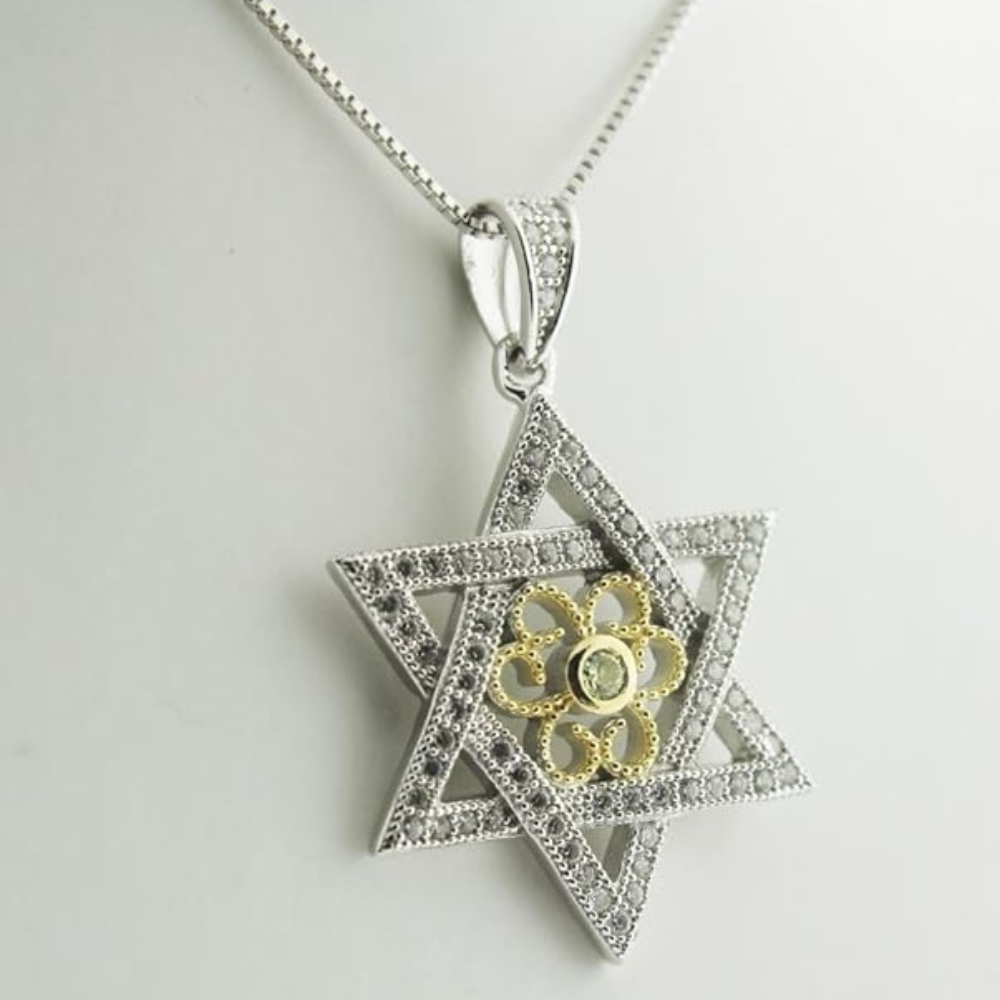 Central Diamond Center Star of David Pendant Sterling Silver and Pure Brilliance CZ w/Box Chain