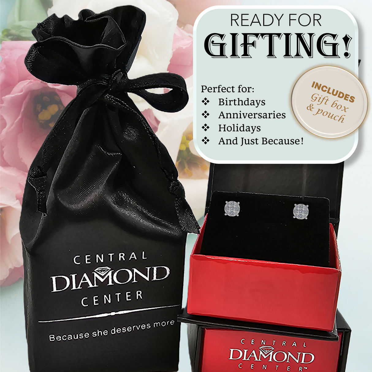 Diamond Stud Earrings CVD Lab Grown Diamonds solid 14K post & Silver basket, 7 or 9 Stone Cluster