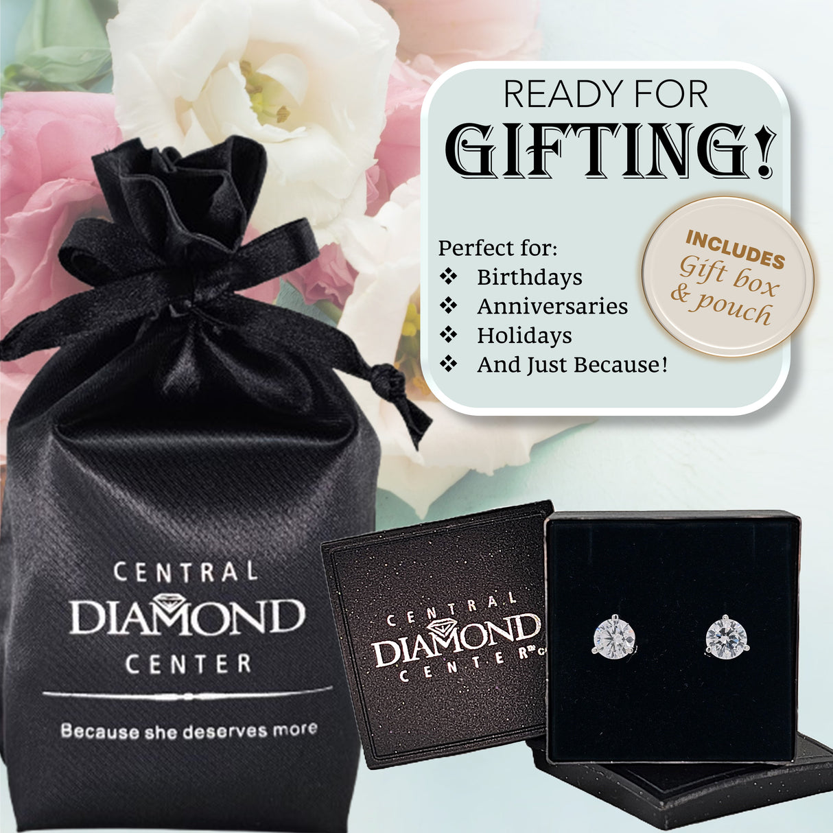 Lucita Simulated Diamond Stud Earrings with Solid 14K Gold Posts & Sterling Silver Basket, 3 & 4 Prongs