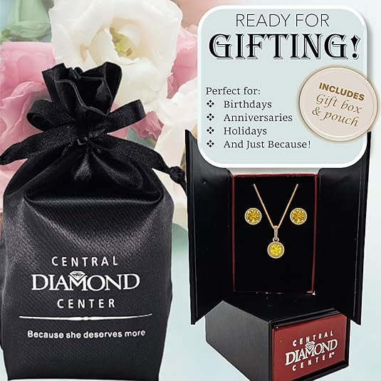 Central Diamond Center Round Halo Earring & Necklace Set w/ 6.5mm Simulated Birthstones in 925 Sterling Silver, Hypoallergenic