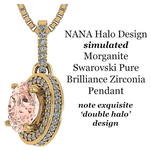 Model wearing a round pink morganite pendant.