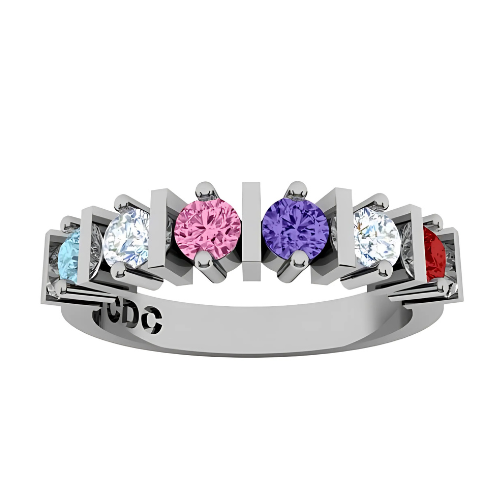 Simulated birthstone straight bar mothers ring with side accents.