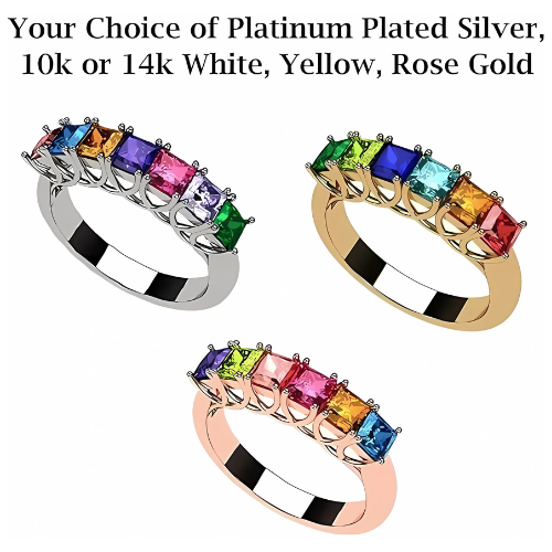 Central Diamond Center Princess Cut Lucita Mothers Rings w/ 1 to 7 Simulated Birthstones in Sterling Silver, 10K or 14K Gold
