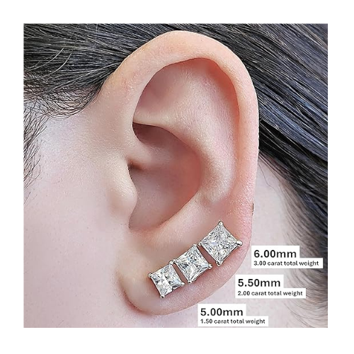 NANA Jewels Princess Cut Simulated Diamond Stud Earrings Silver & CZ 1.50ct - 4.00ct Hypoallergenic