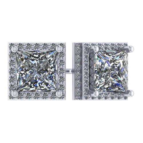 Princess Halo Earrings W/ Pure Brilliance Zirconia In Sterling Silver Mounting, Hypoallergenic