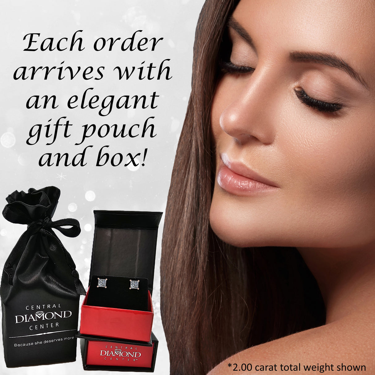 Central Diamond Center Princess Cut CVD Lab-grown Diamond Stud Earrings 14K solid Gold from 0.20ct to 2.00ct E-F VS-SI