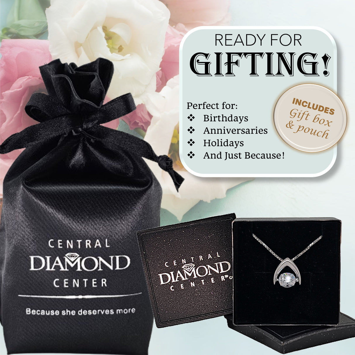 Central Diamond Center Omega Dancing Gemstone Necklace for Women in 925 Sterling Silver & Pure Brilliance Zirconia CZ