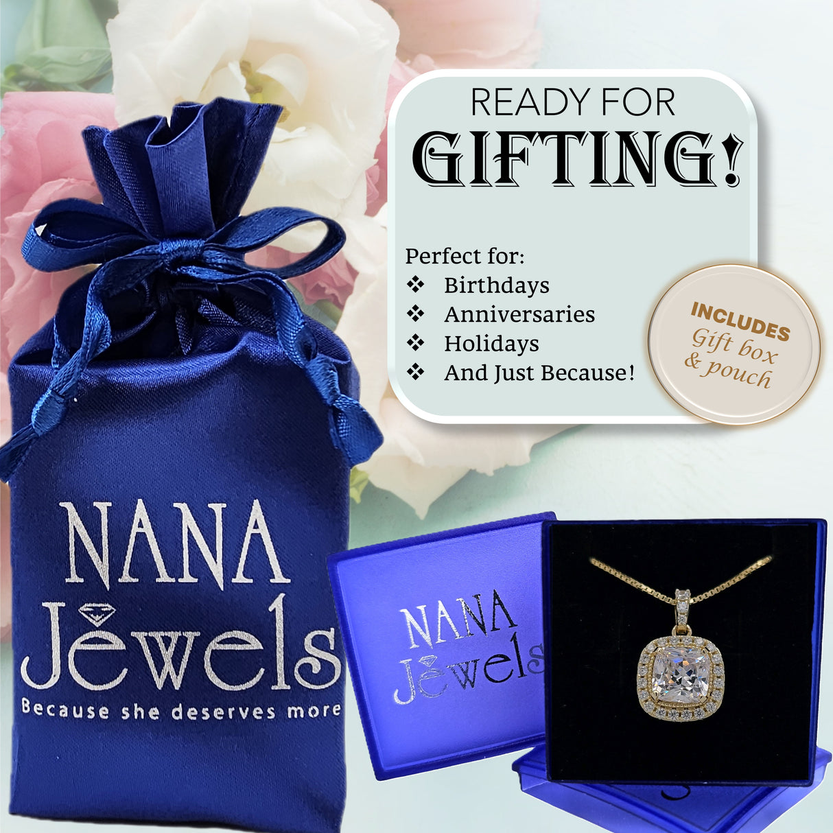 NANA Jewels Cushion Cut Halo CZ Simulated Diamond Solitaire Necklace Sterling Silver 8mm Zirconia Center Gemstone
