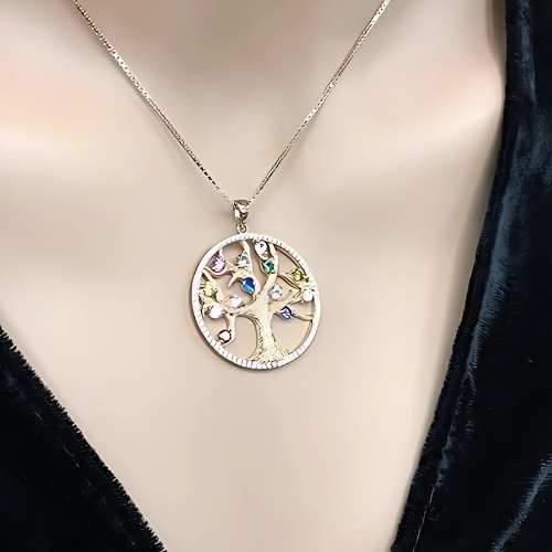 Mothers Tree of Life Birthstone Necklace w/ 1-13 Simulated Gemstones & CZ Bezel in Silver, 10K, 14K Gold