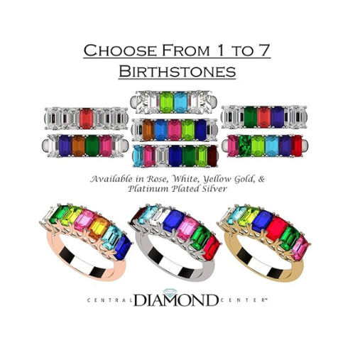 Central Diamond Center Emerald Cut Mothers Rings w/ 1 to 7 Simulated Birthstones in Sterling Silver, 10K or 14K Gold