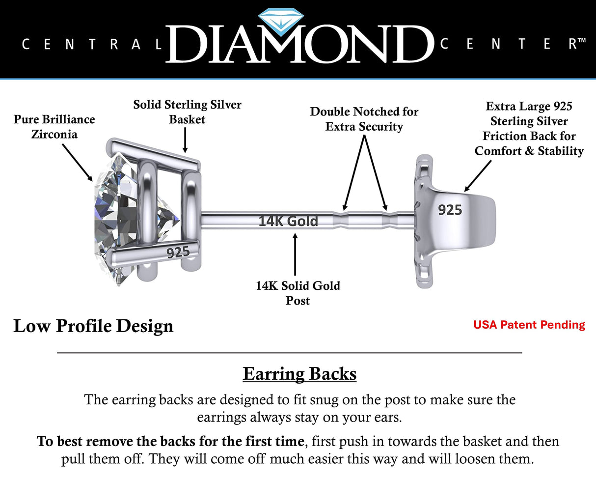 14K Gold Post & Sterling Silver Pure Brilliance Zirconia 3 Prong Martini Style Stud Earrings 1.0ct to 4ct