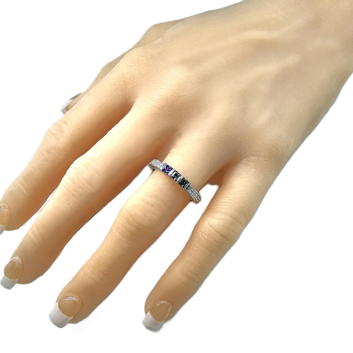 Central Diamond Center Princess Mothers Birthstone Ring w/Accent CZs on 3 Sides w/1-6 Simulated Gemstones in Silver, 10K or 14K Gold