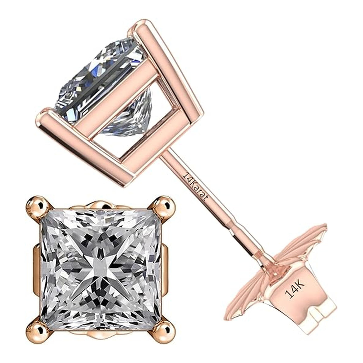 Central Diamond Center Princess Cut CVD Lab-grown Diamond Stud Earrings 14K solid Gold from 0.20ct to 2.00ct E-F VS-SI