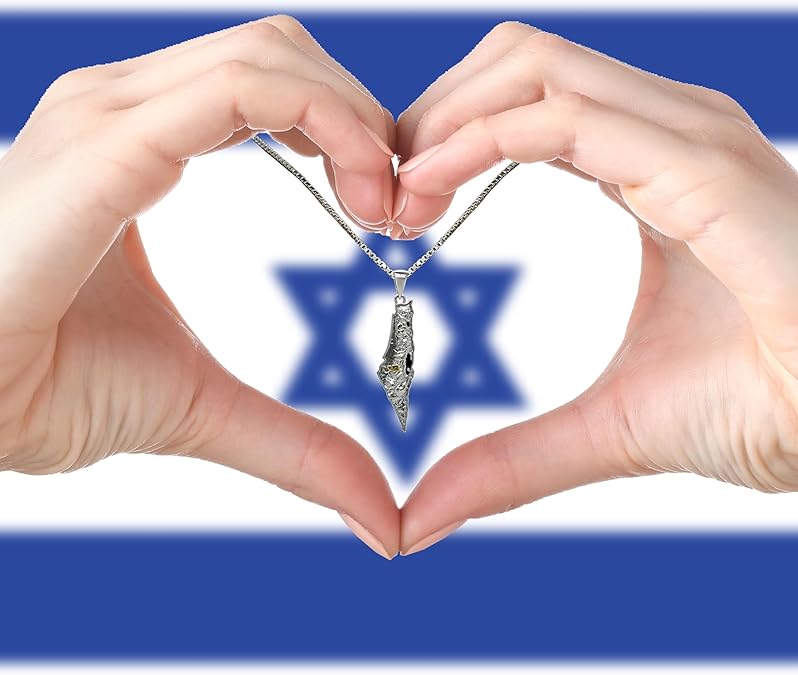 Central Diamond Center Israel Map Necklace/Pendant-Sterling Silver Am Israel Chai on Back Side-3D Map of Israel Large & Small