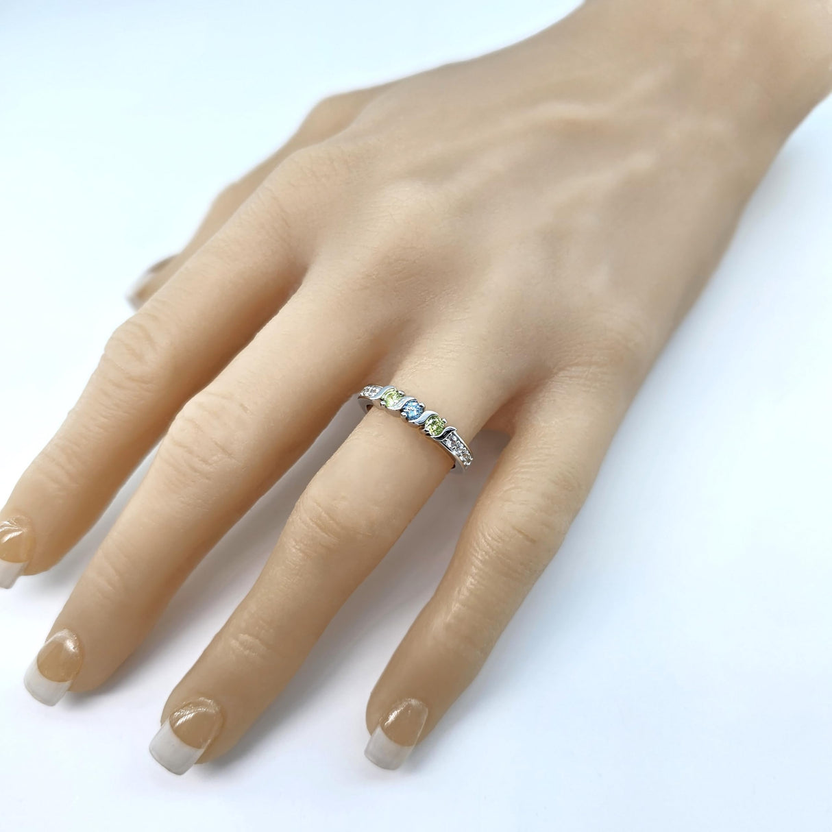 Central Diamond Center S-Bar with Sides Mothers Birthstone Ring in Sterling Silver, 10K or 14K Gold w/ 1-6 Simulated Gemstones