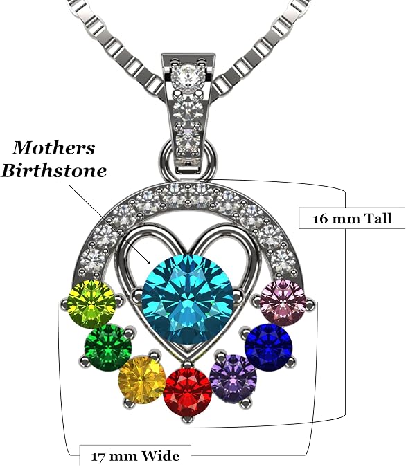 Central Diamond Center Heart in Circle Birthstone Mothers Necklace w/ 1-7 Simulated Gemstones in Solid Sterling Silver for Women