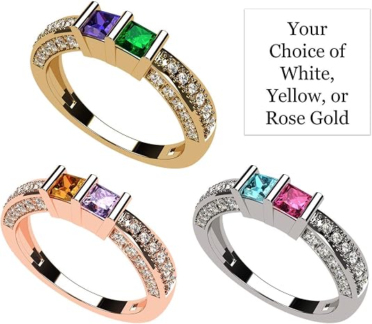 Central Diamond Center Princess Cut Birthstone Couples Ring w/CZs on 3 Sides, Sterling Silver, 10K, or 14K Gold