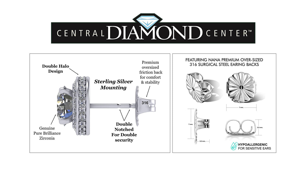 Sterling silver and pure brilliance zirconia round halo stud earrings.