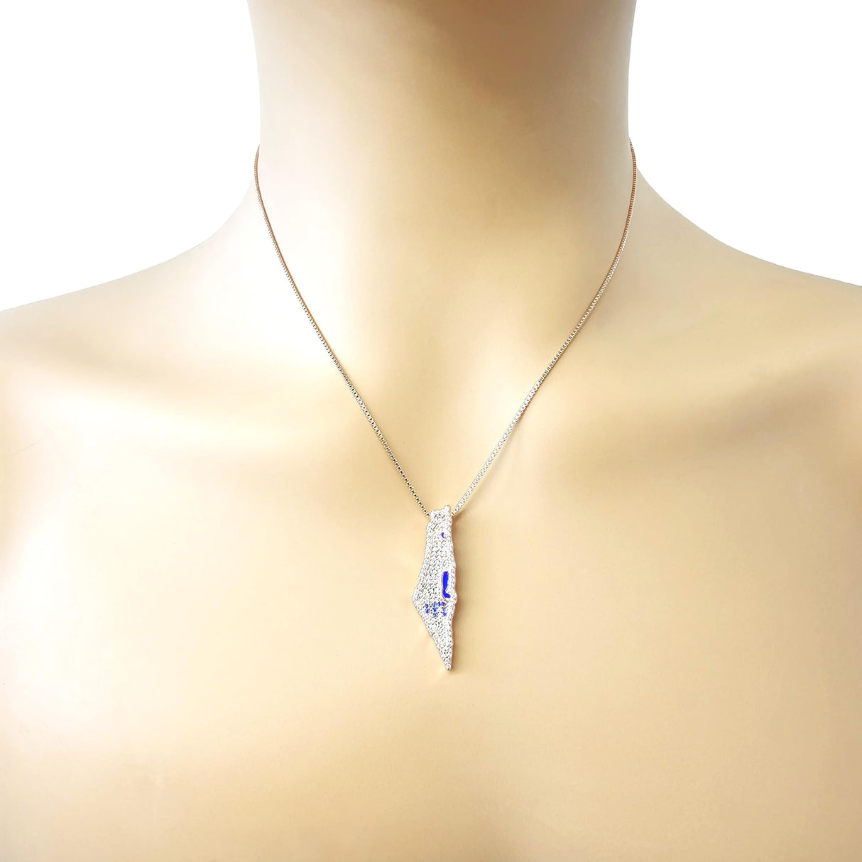 Central Diamond Center Israel Map Necklace/Pendant-Sterling Silver Am Israel Chai on Back Side-3D Map of Israel Large & Small