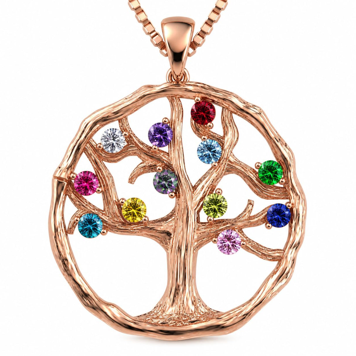 Central Diamond Center Tree of Life Mothers Birthstone Necklace in Silver-10K or 14K Gold. Up to 12stones