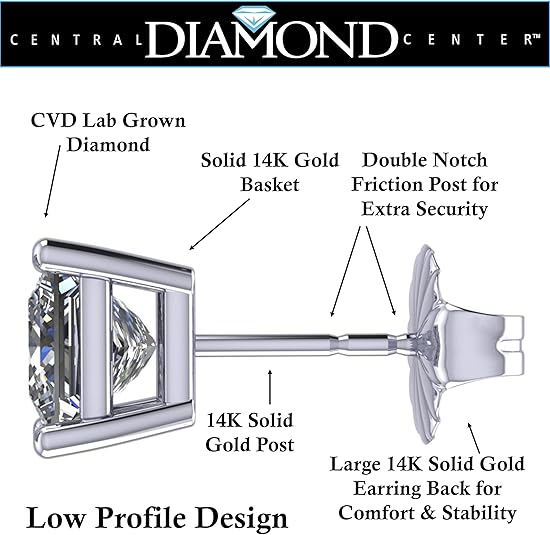 Central Diamond Center Princess Cut CVD Lab-grown Diamond Stud Earrings 14K solid Gold from 0.20ct to 2.00ct E-F VS-SI