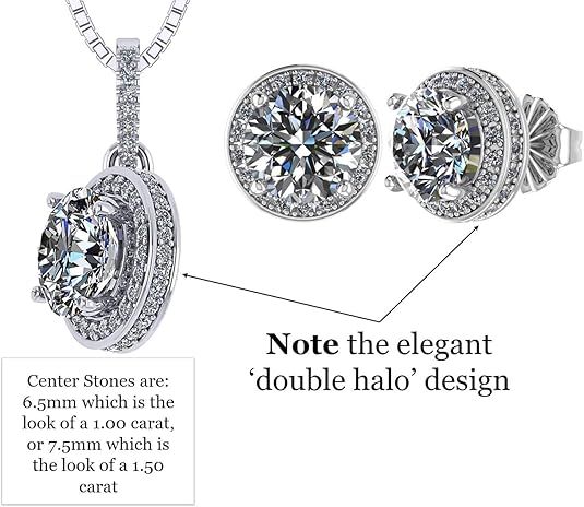 Central Diamond Center Halo Earring & Necklace Set, Solid Sterling Silver w/Pure Brilliance Zirconia - Hypoallergenic